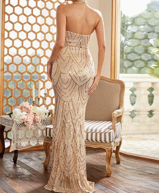 Sequin Halter Backless Evening Dress