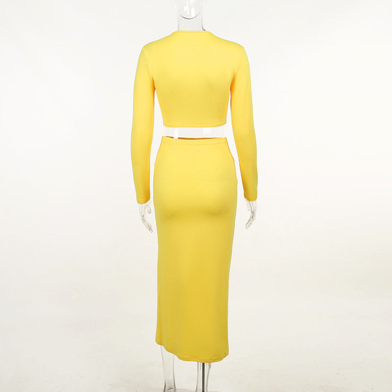 Long Sleeve V Split Midi Skirt Sets