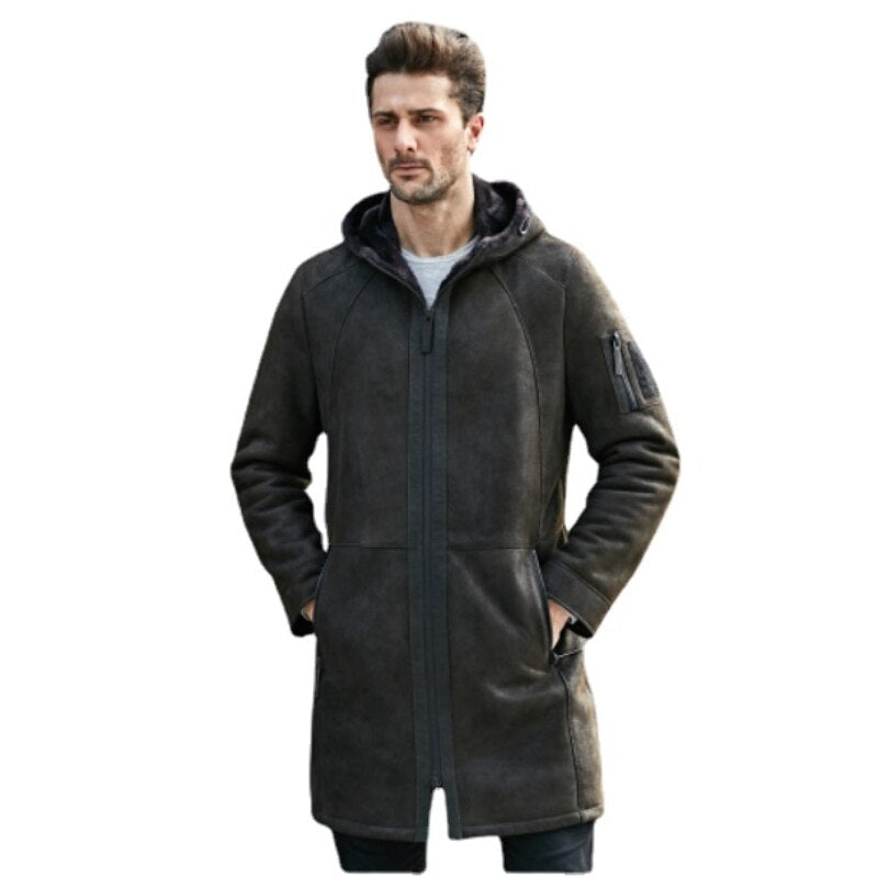 Genuine Leather Hooded Long Coat Real Fur Shearling