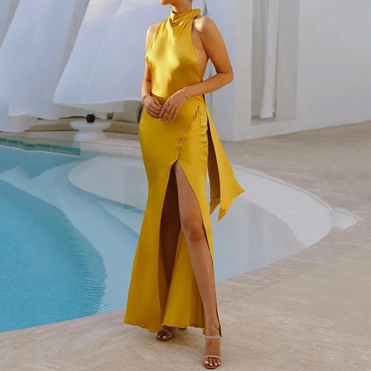 Gold Halter Tie Up Backless Slit Maxi Dress