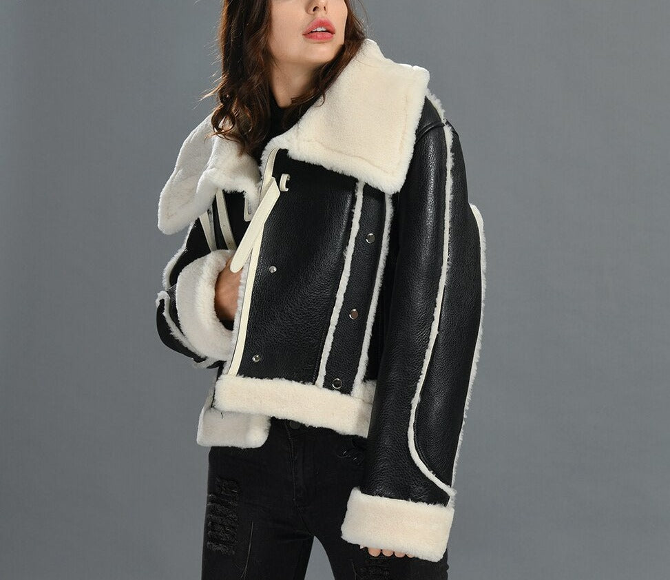 Genuine Leather Shearling Double Face Fur Coat