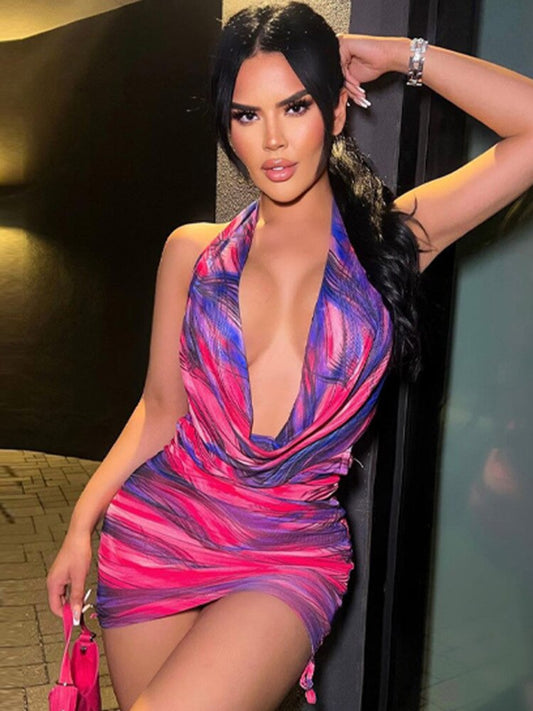 Halter Deep V Drawstring Backless Mini Dresses