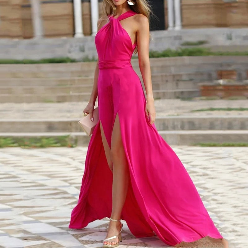 Pink Halter Sleeveless High Slit Maxi Dress