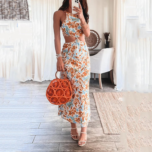 Floral Print Halter Sleeveless Hollow Maxi Dress