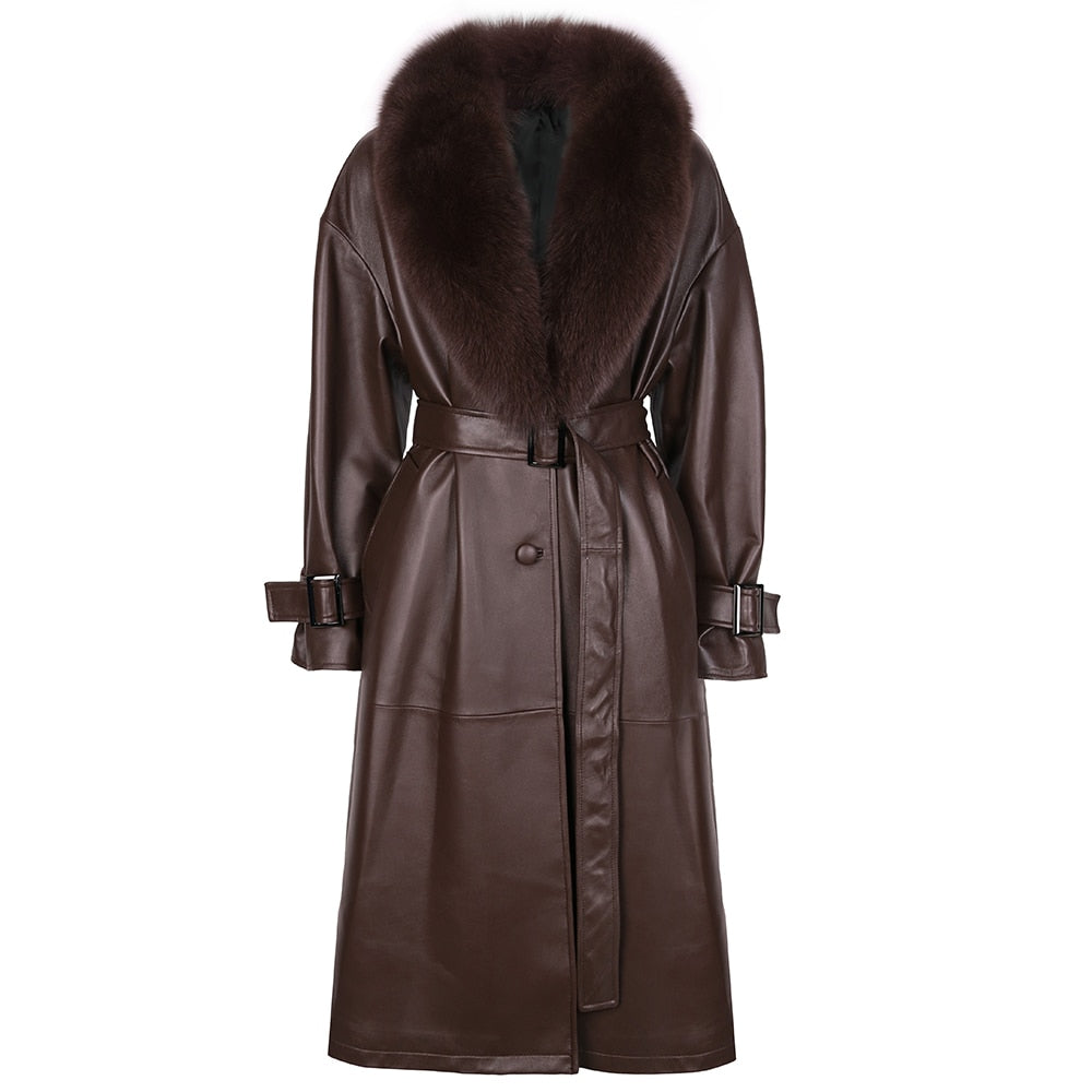 Genuine Leather Long Trench Coats Real Fur Collar