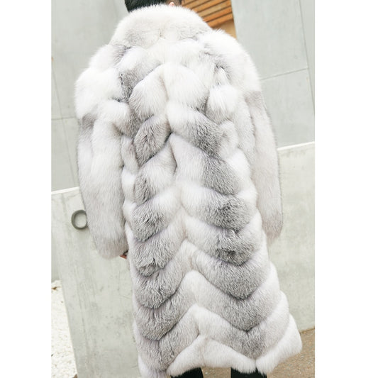 Snowman Big Collar V Pattern Long Fur Coat