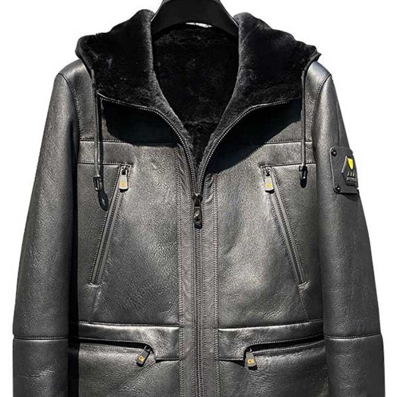 Genuine Leather Coats Black Real Shearling Lining & Hood