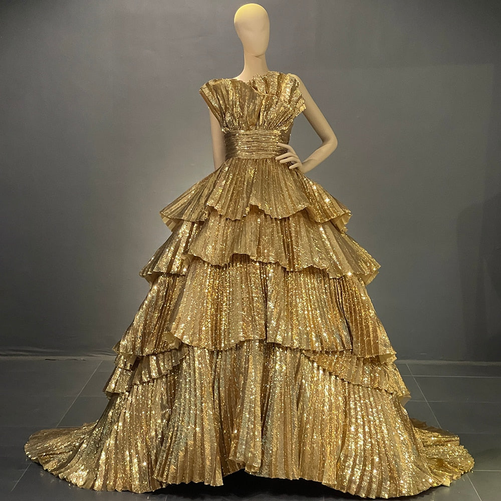 Luxurious Gold Ruffles Evening Gowns