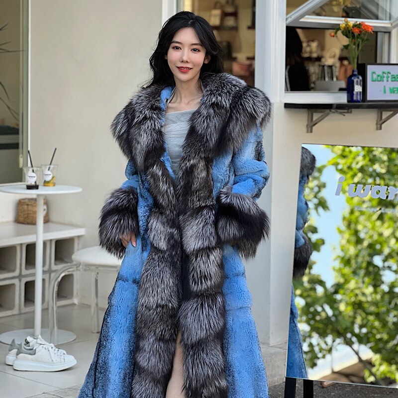 Luxury Real Rabbit Fur X-Long Coats Real Fur Lapel Collar