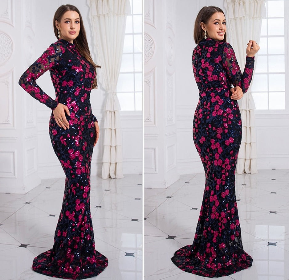 Sequin Flowers Sleeved Mermaid Maxi Dress