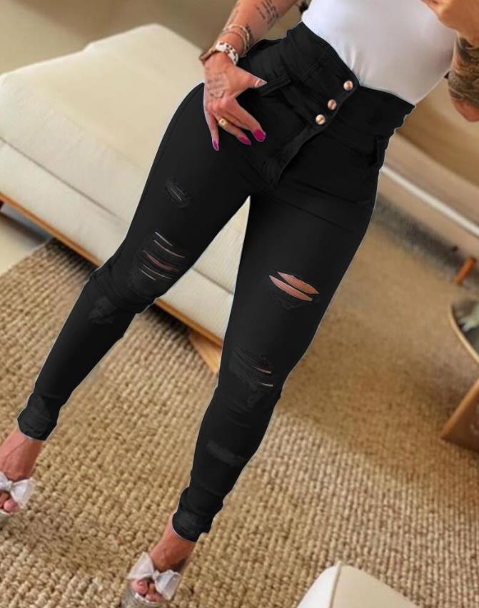 High Waist Cutout Ripped Skinny Jeans