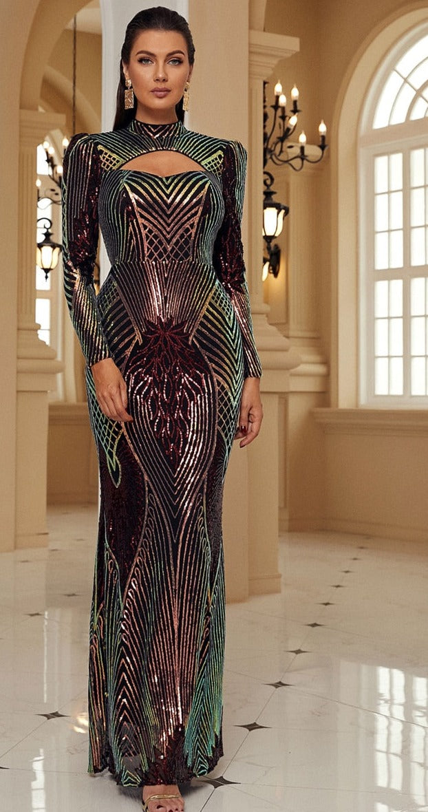 Gold Sequin Sleeved Hollow Chest Maxi Dress