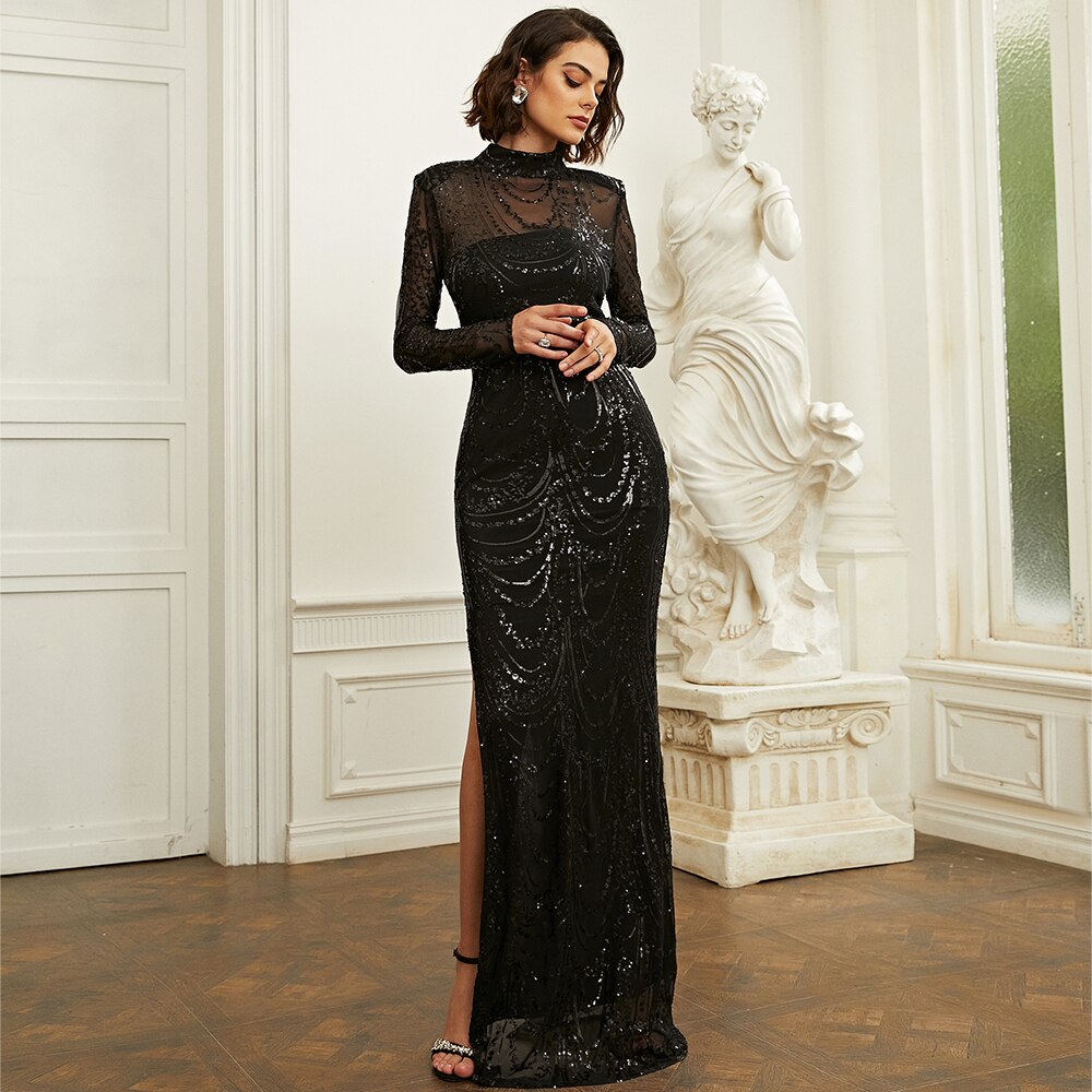 Turtleneck Long Sleeve Split Sequin Maxi Dresses