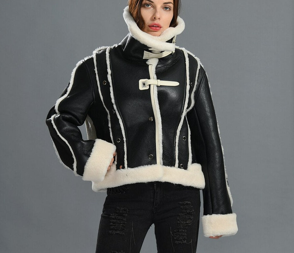 Genuine Leather Shearling Double Face Fur Coat