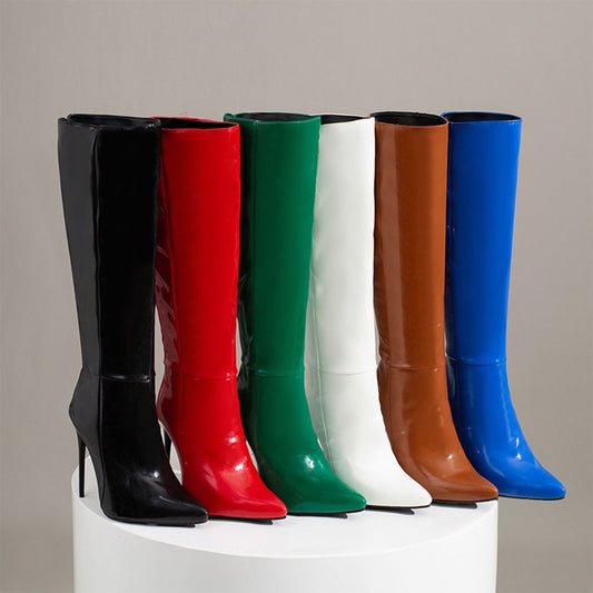 Pu Leather Below Knee High Heel Boots