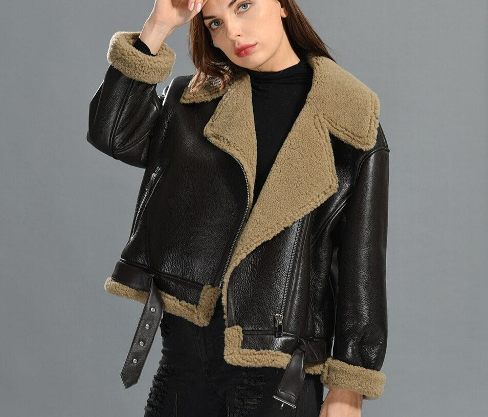 Genuine Leather Coat Shearling Fur Short Retro