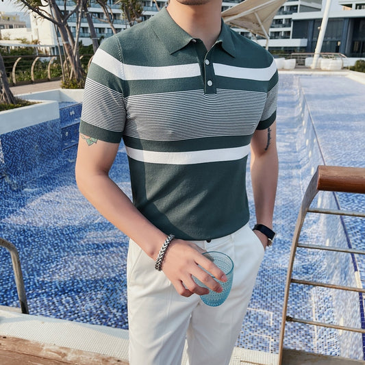Knitted Stripe Short Sleeve Collar Shirts