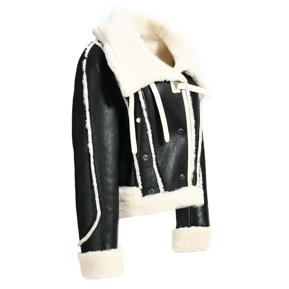 Genuine Leather Shearling Double Face Fur Coat