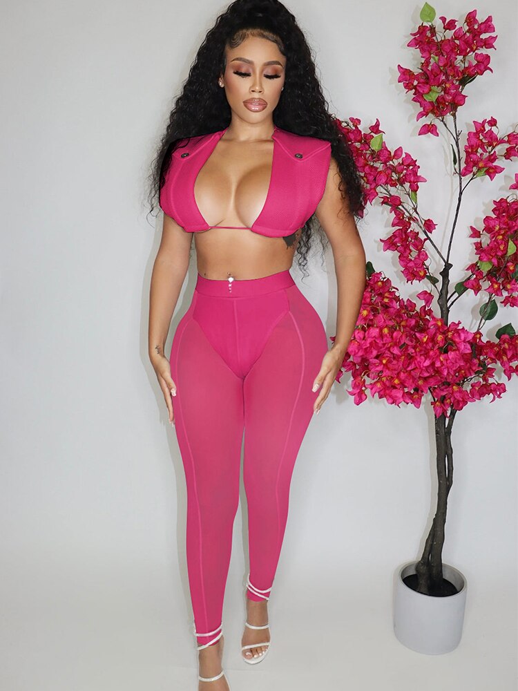 Mesh Sleeveless Crop Top High Waist Pants Sets