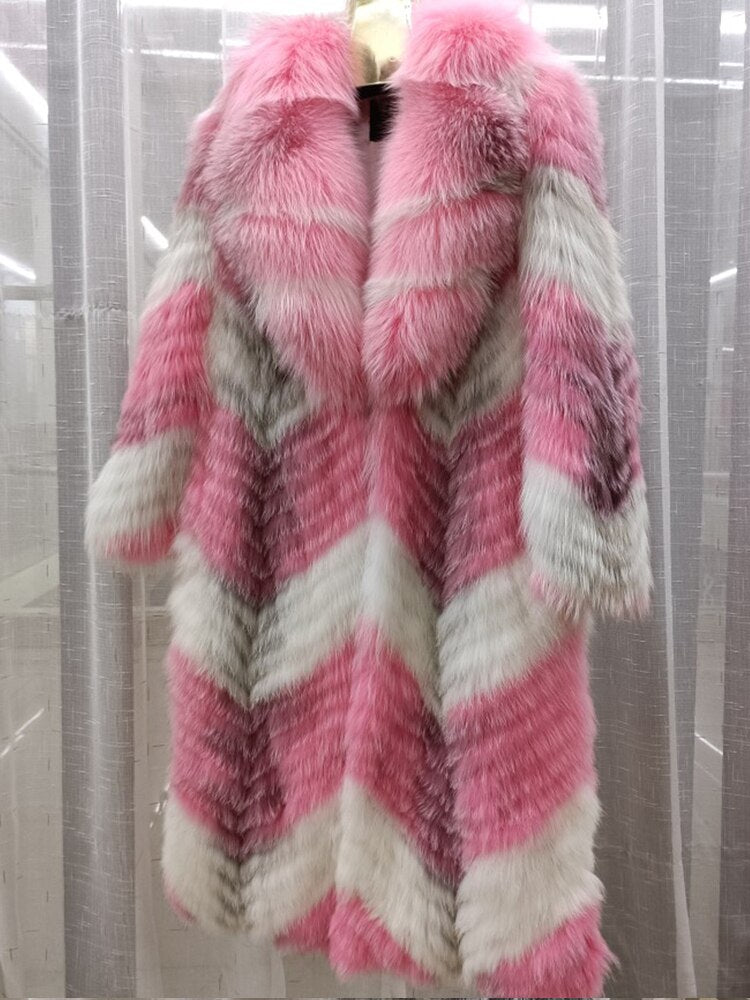 Thin Striped Color Pattern Real Fox Fur Coats  X-Long