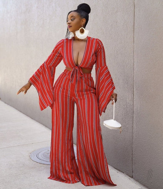 Striped Full Sleeve Crop & Wide Leg Flare Pants Sets