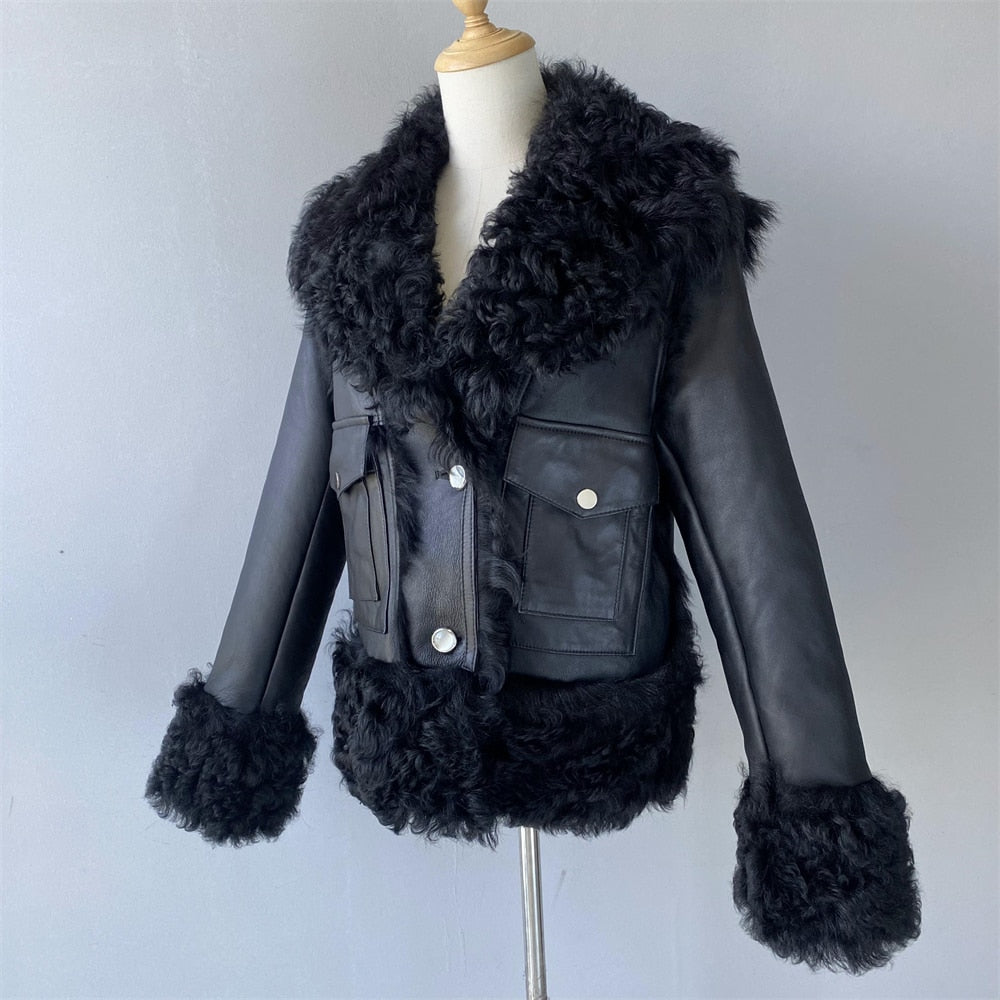 Genuine Leather Coat Curly Shearling Fur