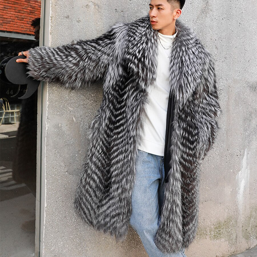 Sliver Knitted Pattern Real Fox Fur Long Coat