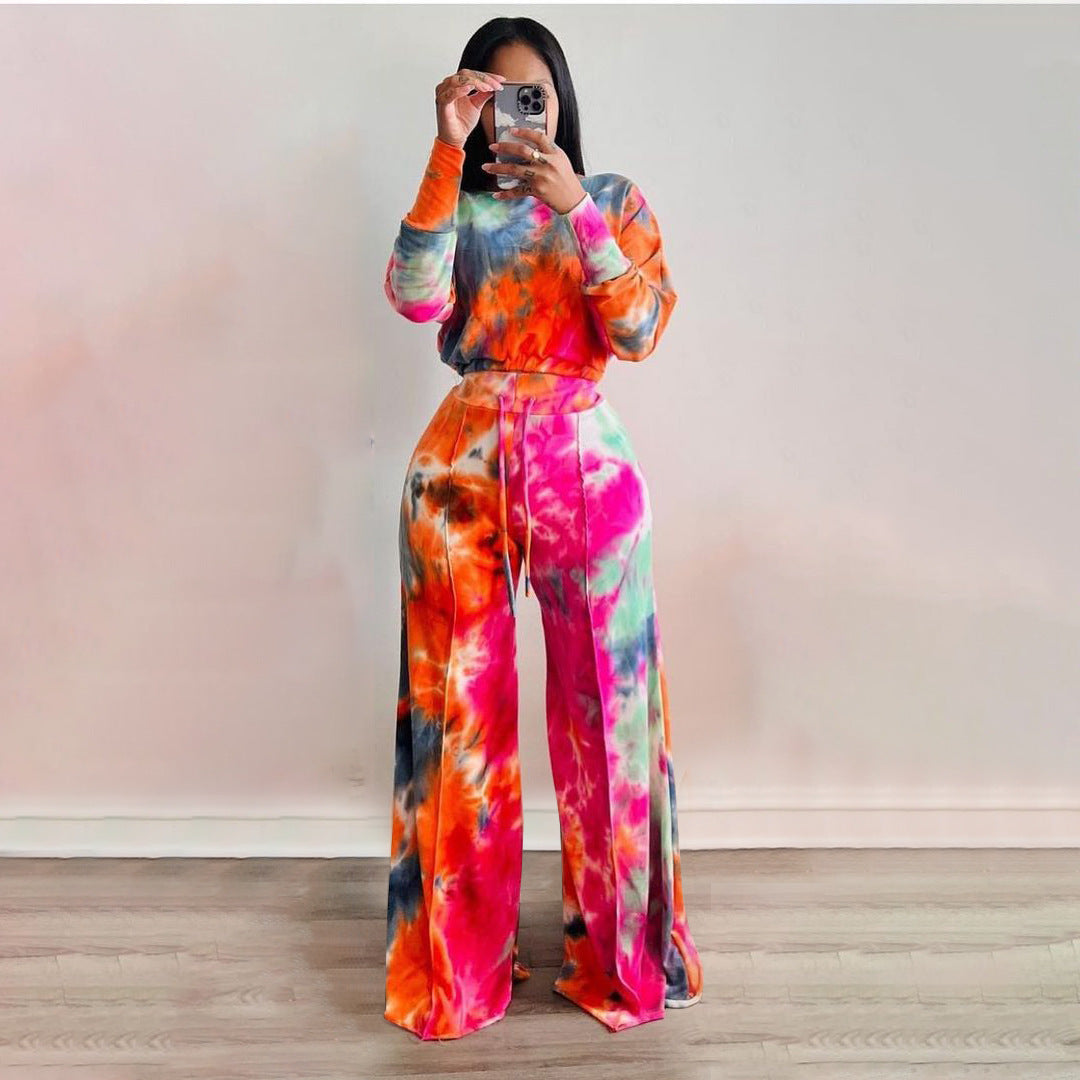 Tie Dye Off Shoulder Crop & Wide Pants Sets