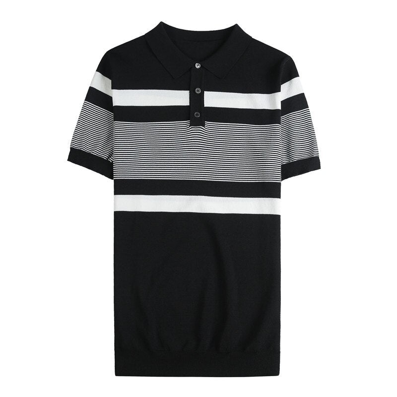 Knitted Stripe Short Sleeve Collar Shirts