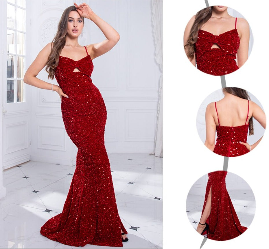 Red Sequin Bow Sleeveless Slit Floor-Length Dress