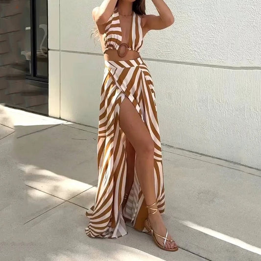 Striped Open V Sleeveless Crop Top & Slit Maxi Dress