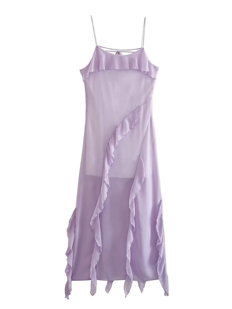 Ruffle Suspender Lace Up Side Slit Maxi Dress
