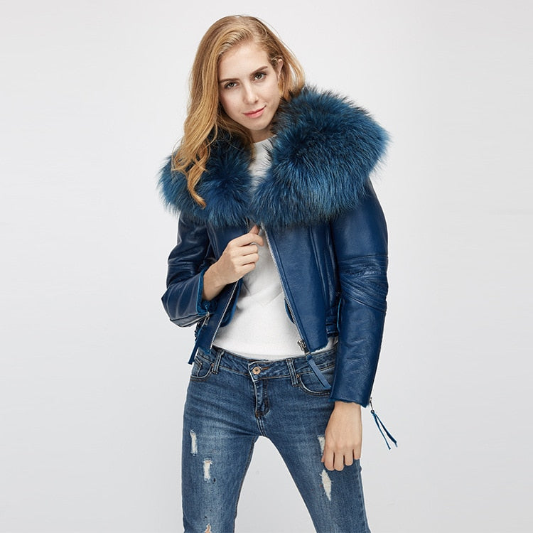 Genuine Leather Moto Jackets Big Fur Collar Wool Liner