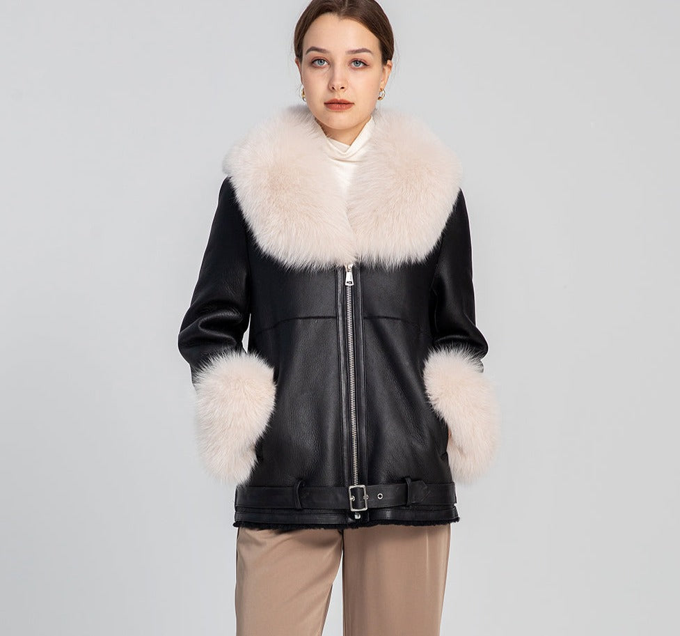 Genuine Leather Coats Real Shearling Fur Collar & Cuffs