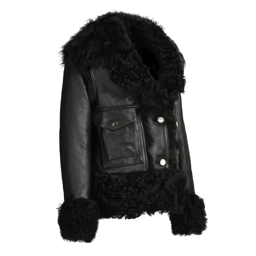 Genuine Leather Coat Curly Shearling Fur