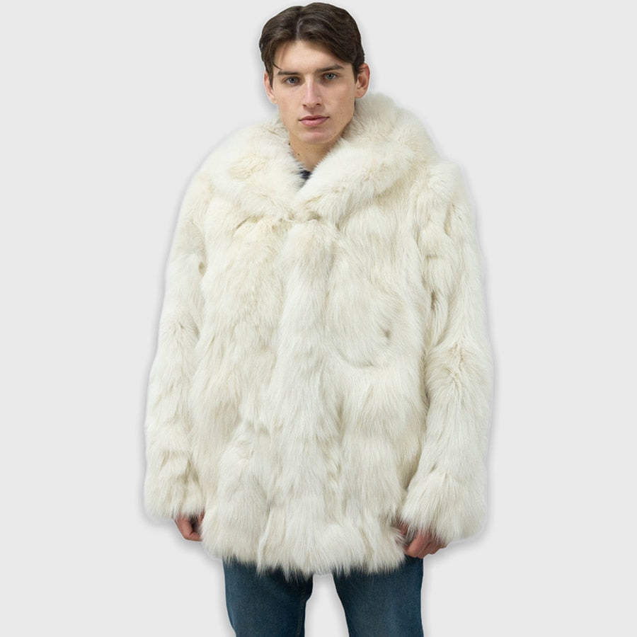 White Real Fur Coat Mid-Length Hooded