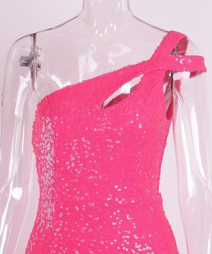 Pink Sequin One Shoulder Sleeveless Maxi Dress