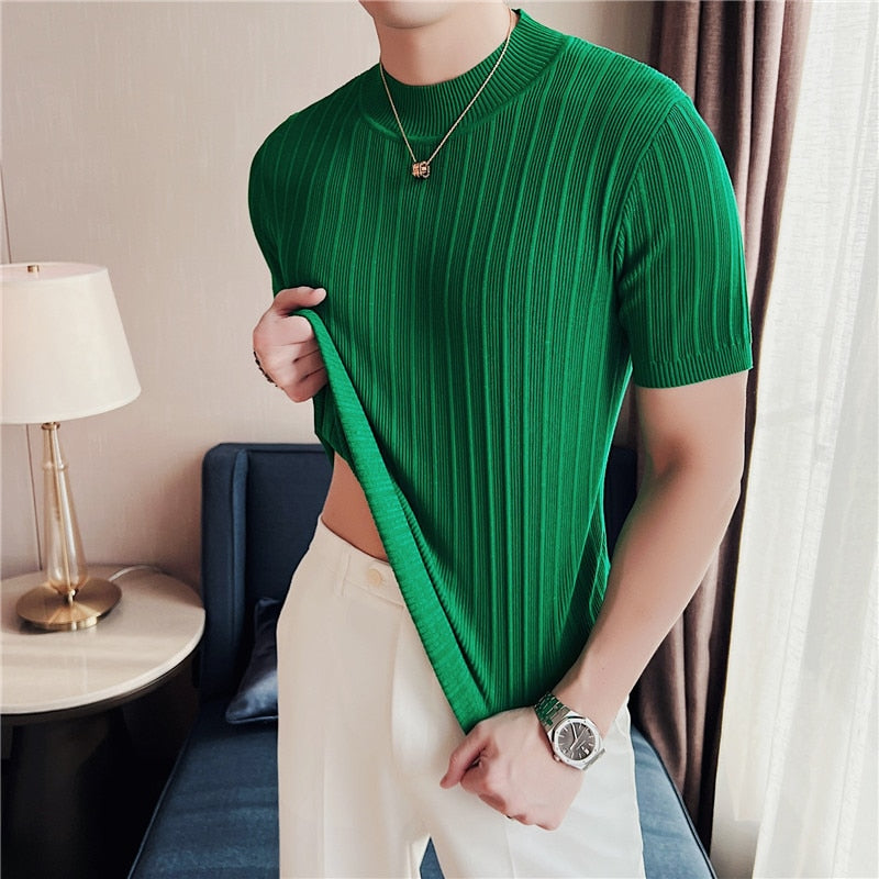 Ribbed Knitted Elasticity Half Collar T-Shirt