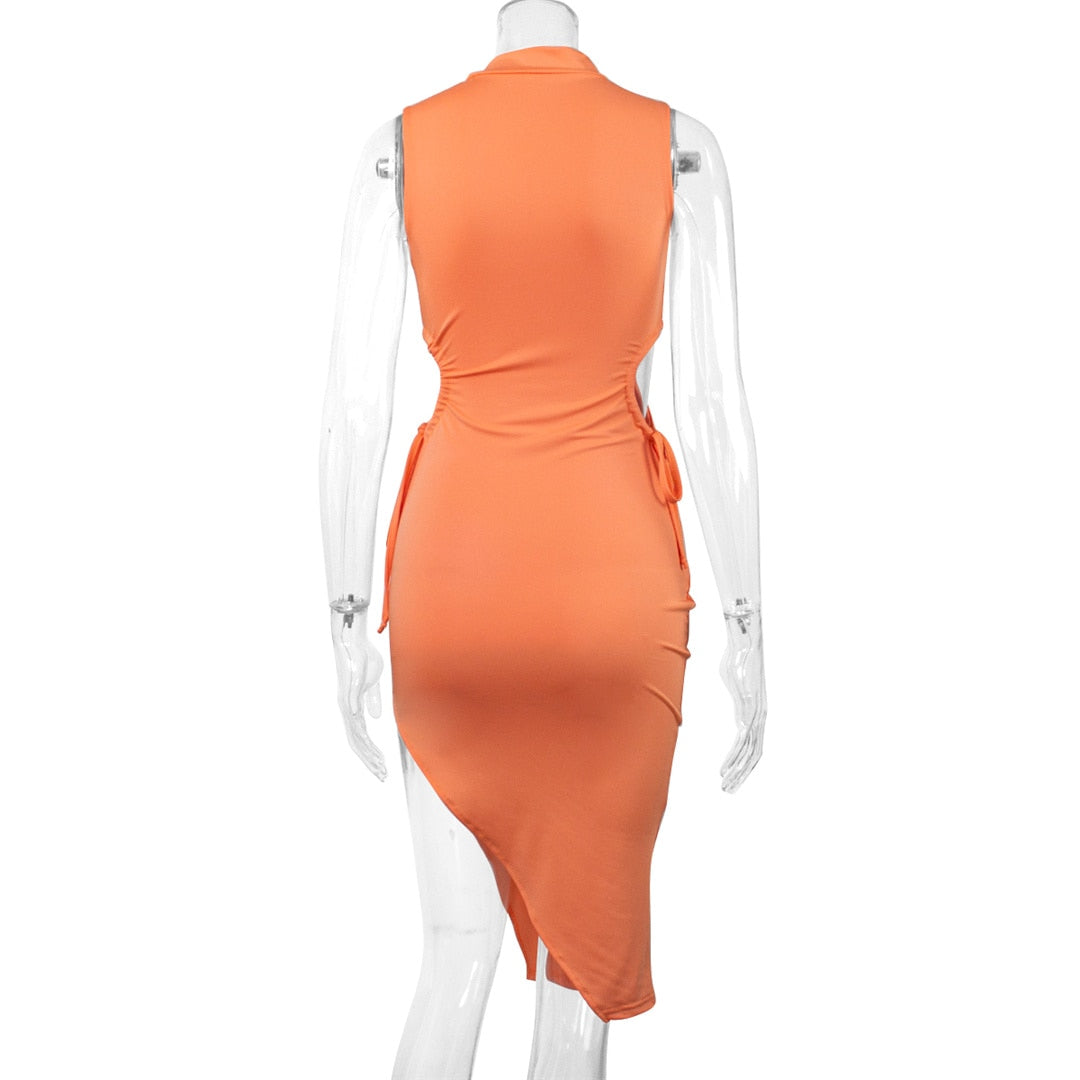 Orange O Neck Sheath Split Mini Dress