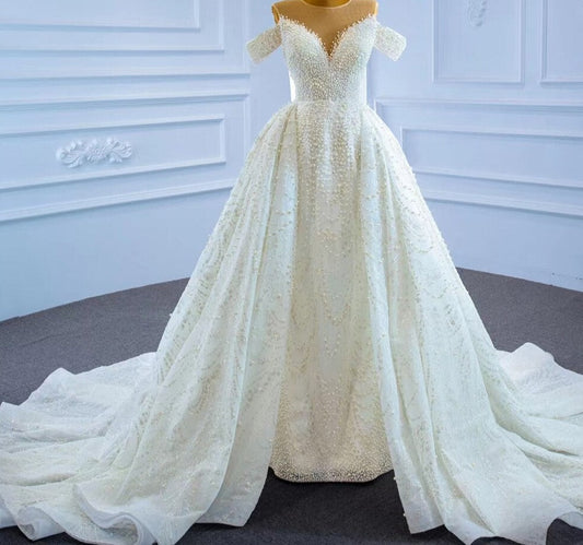 Luxury  Beaded Pearls Lace Up Mermaid Wedding Dress