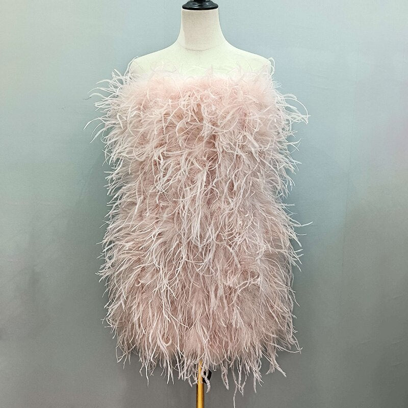 Ostrich Feather Tube Mini Dresses