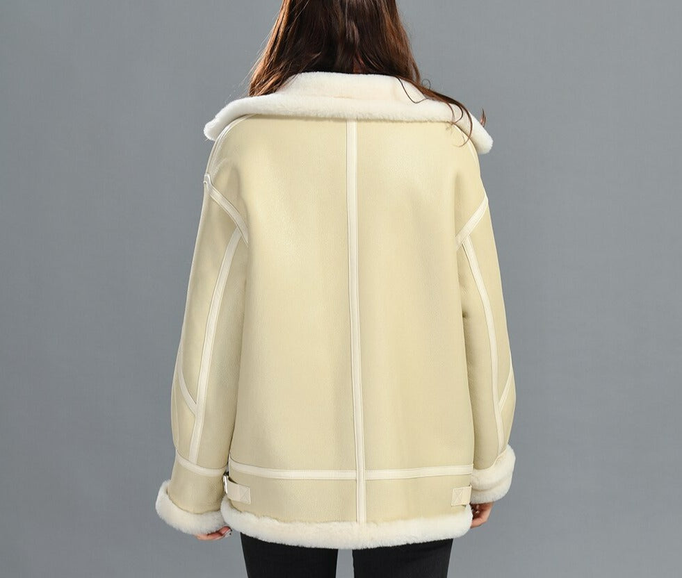 Cream Genuine Leather Coat Shearling Liner Oversized