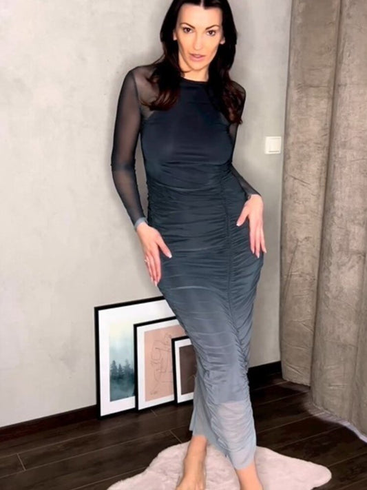 Gradient Pleat Mesh Long Sleeve Midi Dress