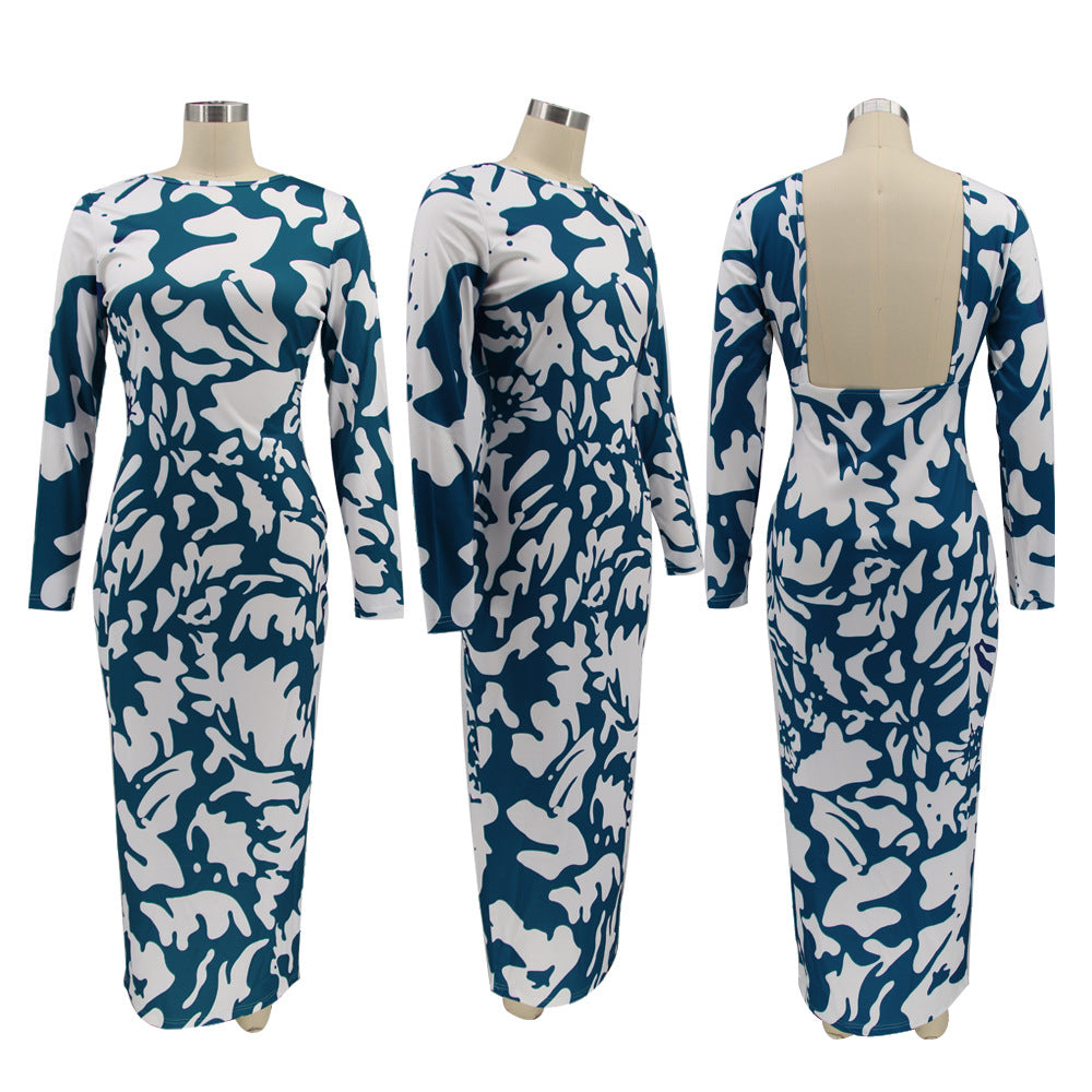 Leaf Print Long Sleeve O Neck Maxi Dress