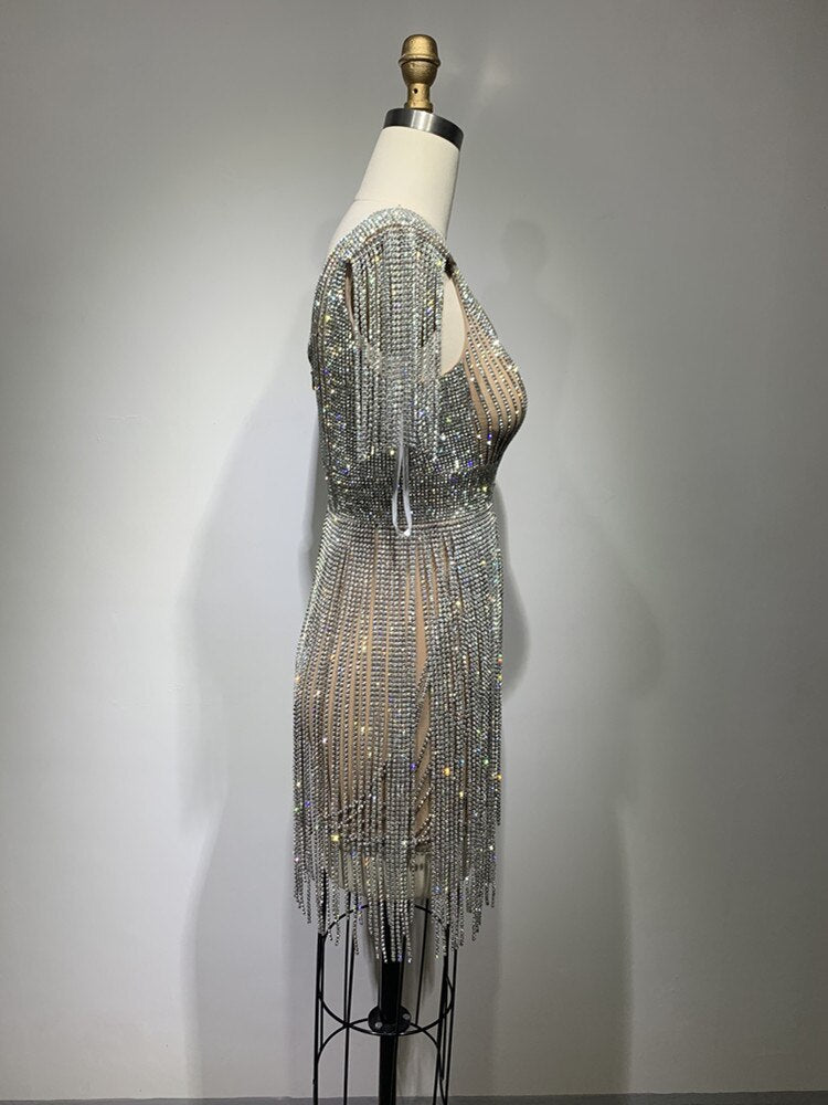 Diamonds Fringed Tassel Nude Mini Dress
