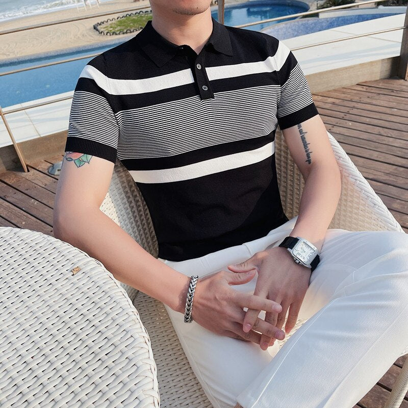 Knitted Stripe Short Sleeve Collar Shirts