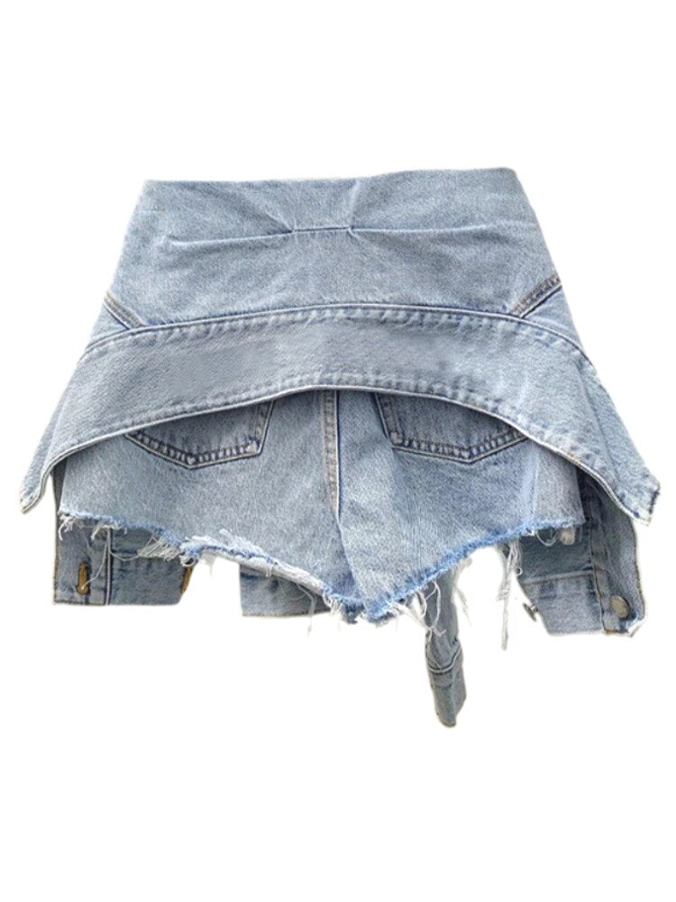 Jacket Tie Style Irregular Denim Shorts