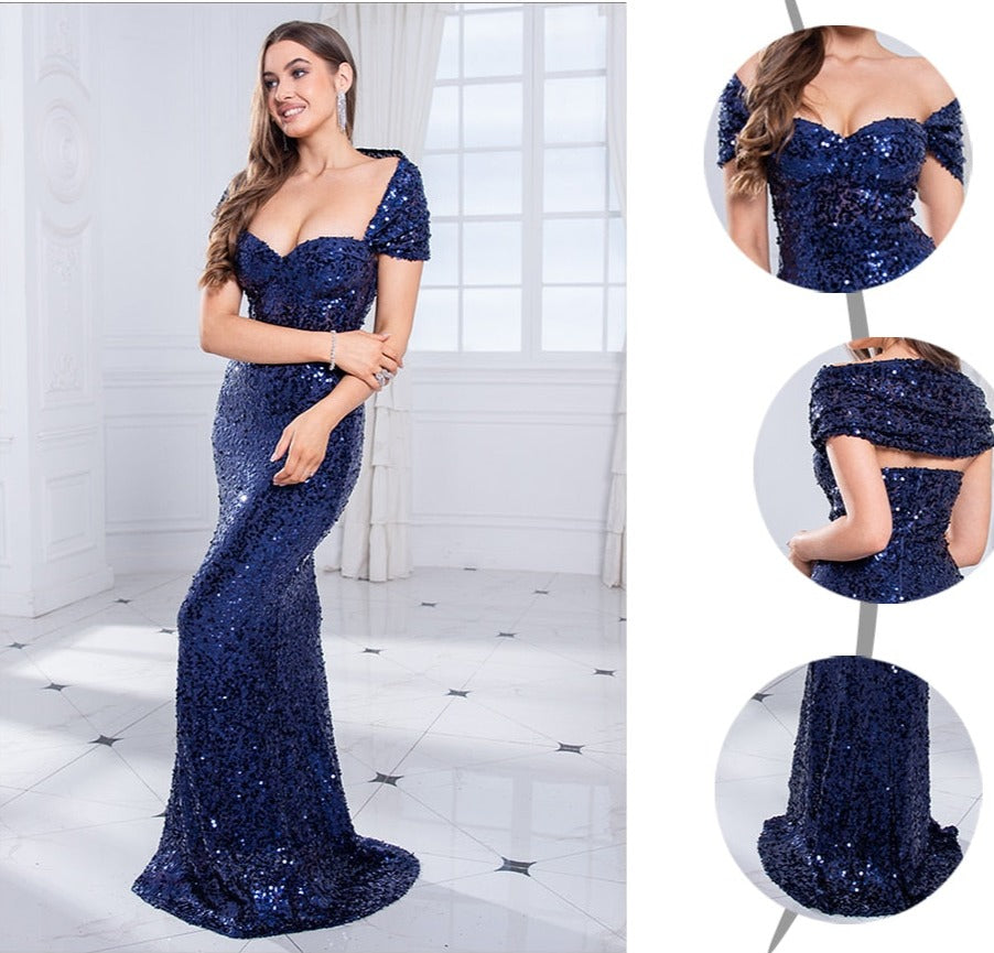 Sequin Off the Shoulder Backless Wrap Floor-Length Dresses