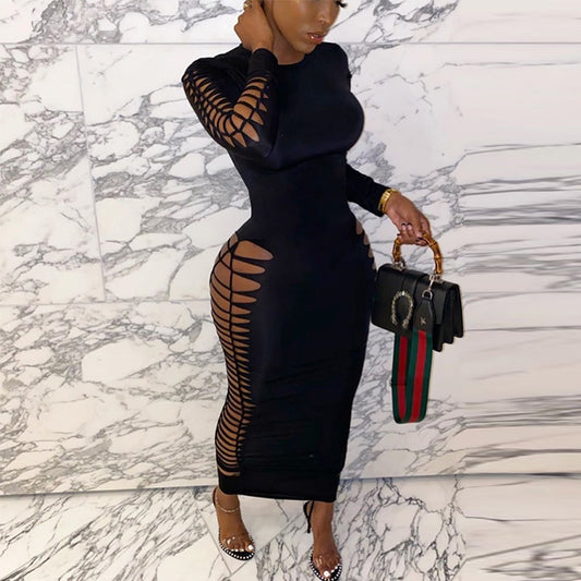 Side Cut Out Long Sleeve Bodycon Maxi Dresses