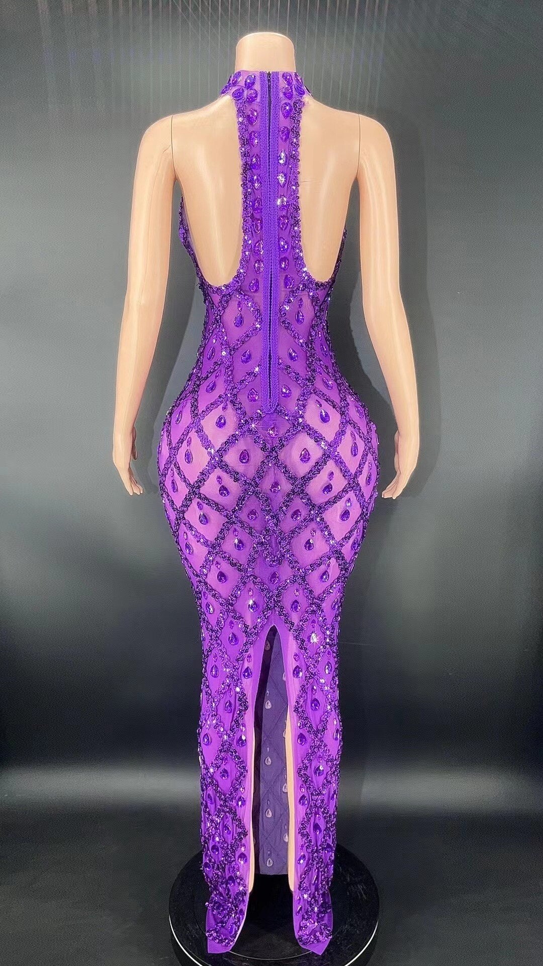 Purple Rhinestones Full Wrap Halter Sleeveless Dress